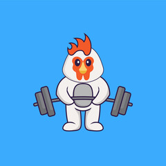 Cute chicken lifts the barbell. Animal cartoon concept isolated. Can used for t-shirt, greeting card, invitation card or mascot. Flat Cartoon Style