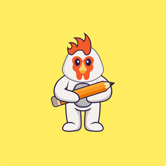 Cute chicken holding a pencil. Animal cartoon concept isolated. Can used for t-shirt, greeting card, invitation card or mascot. Flat Cartoon Style