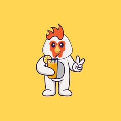 Cute chicken holding orange juice in glass. Animal cartoon concept isolated. Can used for t-shirt, greeting card, invitation card or mascot. Flat Cartoon Style