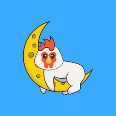 Cute chicken is on the moon. Animal cartoon concept isolated. Can used for t-shirt, greeting card, invitation card or mascot. Flat Cartoon Style