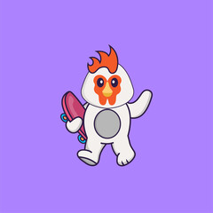Cute chicken holding a skateboard. Animal cartoon concept isolated. Can used for t-shirt, greeting card, invitation card or mascot. Flat Cartoon Style