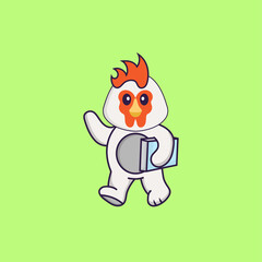 Cute chicken holding a book. Animal cartoon concept isolated. Can used for t-shirt, greeting card, invitation card or mascot. Flat Cartoon Style