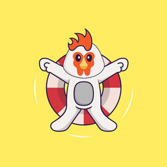 Cute chicken is Swimming with a buoy. Animal cartoon concept isolated. Can used for t-shirt, greeting card, invitation card or mascot. Flat Cartoon Style