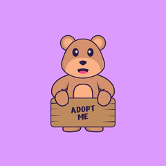 Cute bear holding a poster Adopt me. Animal cartoon concept isolated. Can used for t-shirt, greeting card, invitation card or mascot. Flat Cartoon Style