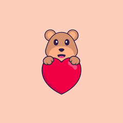 Cute bear holding a big red heart. Animal cartoon concept isolated. Can used for t-shirt, greeting card, invitation card or mascot. Flat Cartoon Style