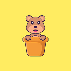 Cute bear in a flower vase. Animal cartoon concept isolated. Can used for t-shirt, greeting card, invitation card or mascot. Flat Cartoon Style