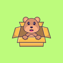 Cute bear Playing In Box. Animal cartoon concept isolated. Can used for t-shirt, greeting card, invitation card or mascot. Flat Cartoon Style