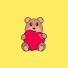 Cute bear holding a big red heart. Animal cartoon concept isolated. Can used for t-shirt, greeting card, invitation card or mascot. Flat Cartoon Style