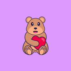 Cute bear holding a big red heart. Animal cartoon concept isolated. Can used for t-shirt, greeting card, invitation card or mascot. Flat Cartoon Style