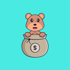 Cute bear playing in money bag. Animal cartoon concept isolated. Can used for t-shirt, greeting card, invitation card or mascot. Flat Cartoon Style