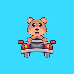Cute bear is driving. Animal cartoon concept isolated. Can used for t-shirt, greeting card, invitation card or mascot. Flat Cartoon Style