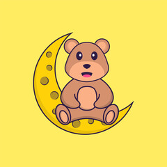 Cute bear is sitting on the moon. Animal cartoon concept isolated. Can used for t-shirt, greeting card, invitation card or mascot. Flat Cartoon Style