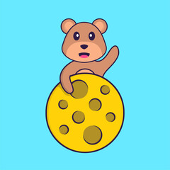 Cute bear is on the moon. Animal cartoon concept isolated. Can used for t-shirt, greeting card, invitation card or mascot. Flat Cartoon Style