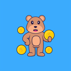 Cute bear holding coin. Animal cartoon concept isolated. Can used for t-shirt, greeting card, invitation card or mascot. Flat Cartoon Style