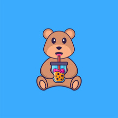 Cute bear Drinking Boba milk tea. Animal cartoon concept isolated. Can used for t-shirt, greeting card, invitation card or mascot. Flat Cartoon Style