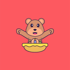 Cute bear with birthday cake. Animal cartoon concept isolated. Can used for t-shirt, greeting card, invitation card or mascot. Flat Cartoon Style