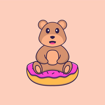 Cute bear is sitting on donuts. Animal cartoon concept isolated. Can used for t-shirt, greeting card, invitation card or mascot. Flat Cartoon Style