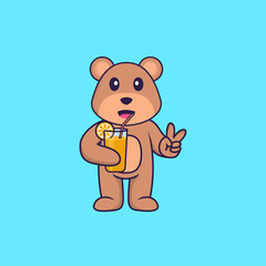 Cute bear holding orange juice in glass. Animal cartoon concept isolated. Can used for t-shirt, greeting card, invitation card or mascot. Flat Cartoon Style