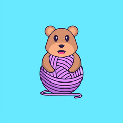 Cute bear playing with wool yarn. Animal cartoon concept isolated. Can used for t-shirt, greeting card, invitation card or mascot. Flat Cartoon Style