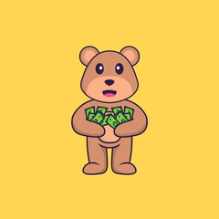Cute bear holding money. Animal cartoon concept isolated. Can used for t-shirt, greeting card, invitation card or mascot. Flat Cartoon Style