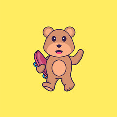 Cute bear holding a skateboard. Animal cartoon concept isolated. Can used for t-shirt, greeting card, invitation card or mascot. Flat Cartoon Style