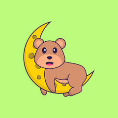 Cute bear is on the moon. Animal cartoon concept isolated. Can used for t-shirt, greeting card, invitation card or mascot. Flat Cartoon Style