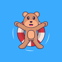 Cute bear is Swimming with a buoy. Animal cartoon concept isolated. Can used for t-shirt, greeting card, invitation card or mascot. Flat Cartoon Style