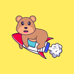 Cute bear flying on rocket. Animal cartoon concept isolated. Can used for t-shirt, greeting card, invitation card or mascot. Flat Cartoon Style