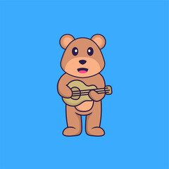 Cute bear playing guitar. Animal cartoon concept isolated. Can used for t-shirt, greeting card, invitation card or mascot. Flat Cartoon Style