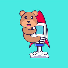 Cute bear flying on rocket. Animal cartoon concept isolated. Can used for t-shirt, greeting card, invitation card or mascot. Flat Cartoon Style