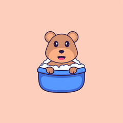 Cute bear taking a bath in the bathtub. Animal cartoon concept isolated. Can used for t-shirt, greeting card, invitation card or mascot. Flat Cartoon Style