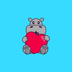 Cute hippopotamus holding a big red heart. Animal cartoon concept isolated. Can used for t-shirt, greeting card, invitation card or mascot. Flat Cartoon Style