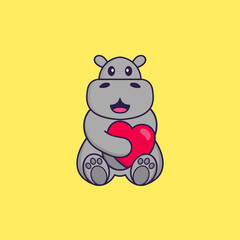 Cute hippopotamus holding a big red heart. Animal cartoon concept isolated. Can used for t-shirt, greeting card, invitation card or mascot. Flat Cartoon Style