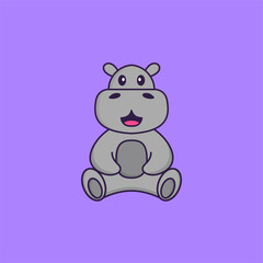 Cute hippopotamus is sitting. Animal cartoon concept isolated. Can used for t-shirt, greeting card, invitation card or mascot. Flat Cartoon Style