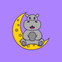 Cute hippopotamus is sitting on the moon. Animal cartoon concept isolated. Can used for t-shirt, greeting card, invitation card or mascot. Flat Cartoon Style