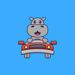 Cute hippopotamus is driving. Animal cartoon concept isolated. Can used for t-shirt, greeting card, invitation card or mascot. Flat Cartoon Style