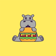 Cute hippopotamus eating burger. Animal cartoon concept isolated. Can used for t-shirt, greeting card, invitation card or mascot. Flat Cartoon Style