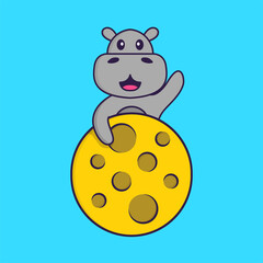Cute hippopotamus is on the moon. Animal cartoon concept isolated. Can used for t-shirt, greeting card, invitation card or mascot. Flat Cartoon Style