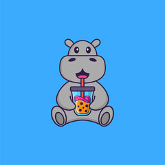 Cute hippopotamus Drinking Boba milk tea. Animal cartoon concept isolated. Can used for t-shirt, greeting card, invitation card or mascot. Flat Cartoon Style