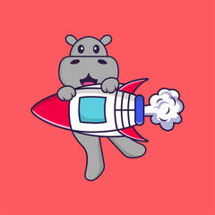 Cute hippopotamus flying on rocket. Animal cartoon concept isolated. Can used for t-shirt, greeting card, invitation card or mascot. Flat Cartoon Style