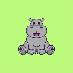 Cute hippopotamus is sitting. Animal cartoon concept isolated. Can used for t-shirt, greeting card, invitation card or mascot. Flat Cartoon Style