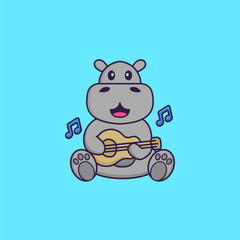 Cute hippopotamus playing guitar. Animal cartoon concept isolated. Can used for t-shirt, greeting card, invitation card or mascot. Flat Cartoon Style