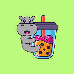 Cute hippopotamus Drinking Boba milk tea. Animal cartoon concept isolated. Can used for t-shirt, greeting card, invitation card or mascot. Flat Cartoon Style