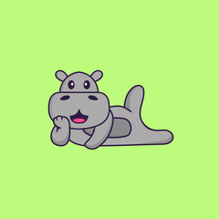 Cute hippopotamus lying down. Animal cartoon concept isolated. Can used for t-shirt, greeting card, invitation card or mascot. Flat Cartoon Style