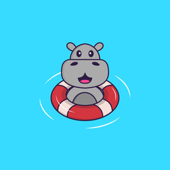 Cute hippopotamus is Swimming with a buoy. Animal cartoon concept isolated. Can used for t-shirt, greeting card, invitation card or mascot. Flat Cartoon Style