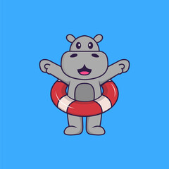 Cute hippopotamus using a float. Animal cartoon concept isolated. Can used for t-shirt, greeting card, invitation card or mascot. Flat Cartoon Style