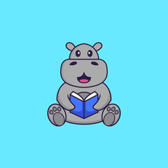 Cute hippopotamus reading a book. Animal cartoon concept isolated. Can used for t-shirt, greeting card, invitation card or mascot. Flat Cartoon Style