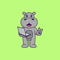 Cute hippopotamus holding laptop. Animal cartoon concept isolated. Can used for t-shirt, greeting card, invitation card or mascot. Flat Cartoon Style