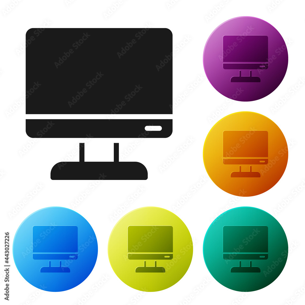 Poster black computer monitor screen icon isolated on white background. electronic device. front view. set 