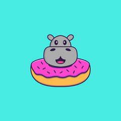 Cute hippopotamus with a donut on his neck. Animal cartoon concept isolated. Can used for t-shirt, greeting card, invitation card or mascot. Flat Cartoon Style